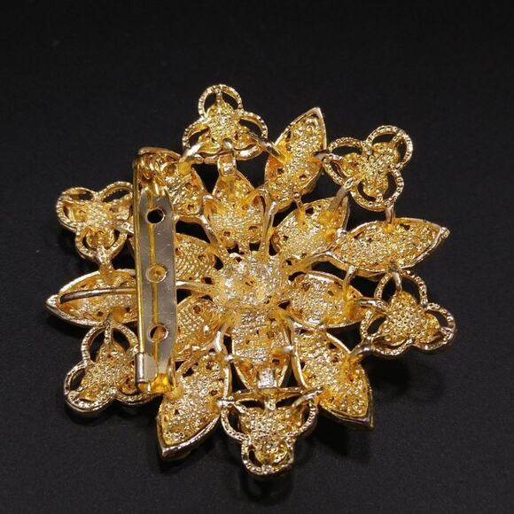 Gold Tone Flower Brooch Pendant Blue Clear Rhinestones Aurora Borealis Center - Picture 7 of 8